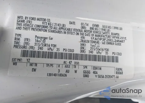 2014 Ford Focus Se z USA, uszkodzony, nr VIN 1FADP3F25EL248487